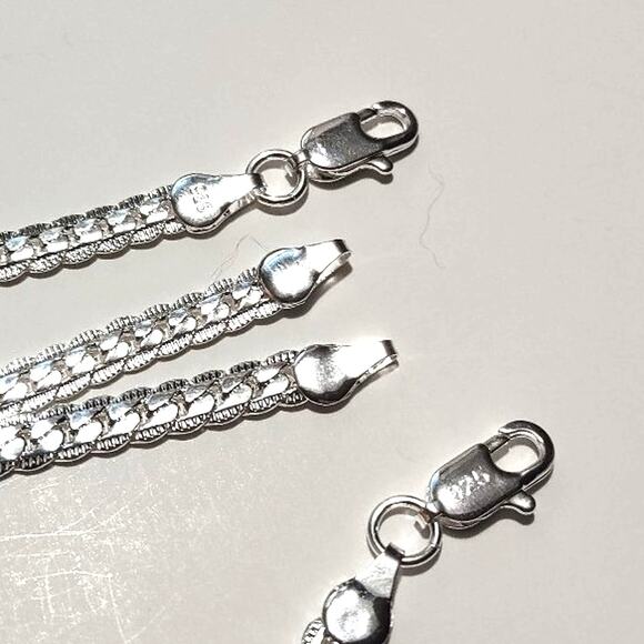 S925 Necklace & Bracelet Sterling Silver Flat Cuban Snake Set Christmas Birthday